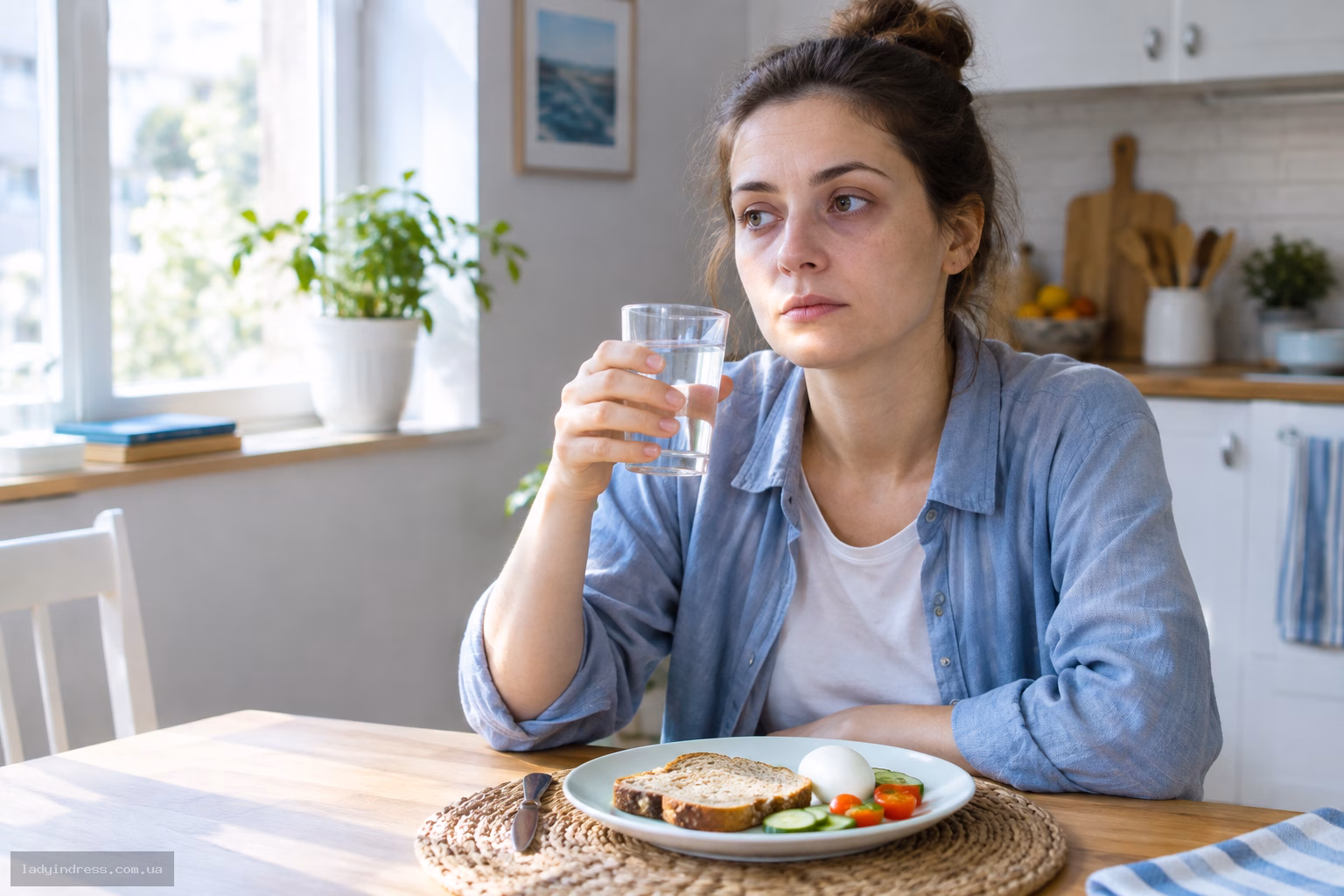 Втомлена жінка вранці за кухонним столом — наслідки недосипання