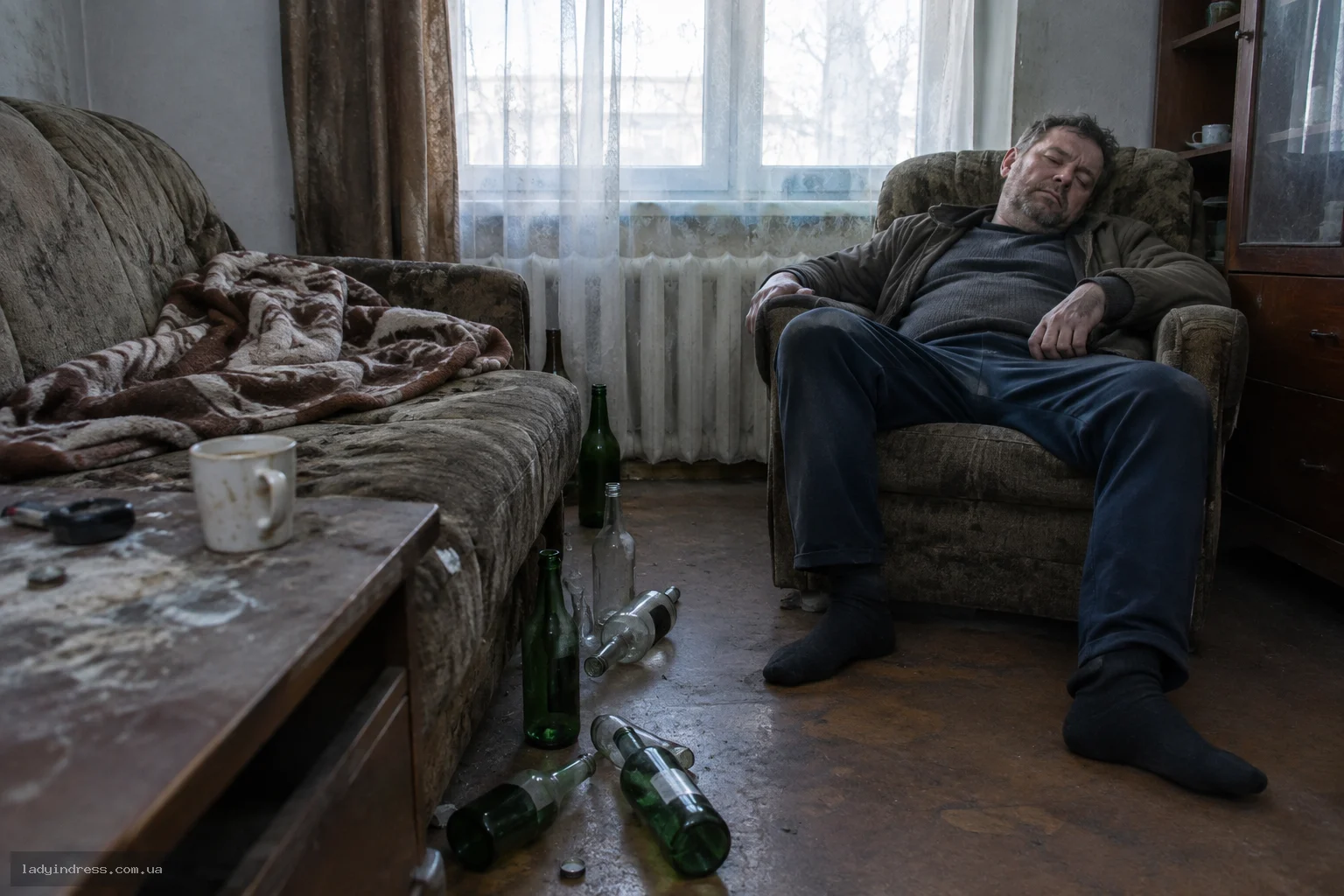 Занедбана кімната після тривалого запою з порожніми пляшками