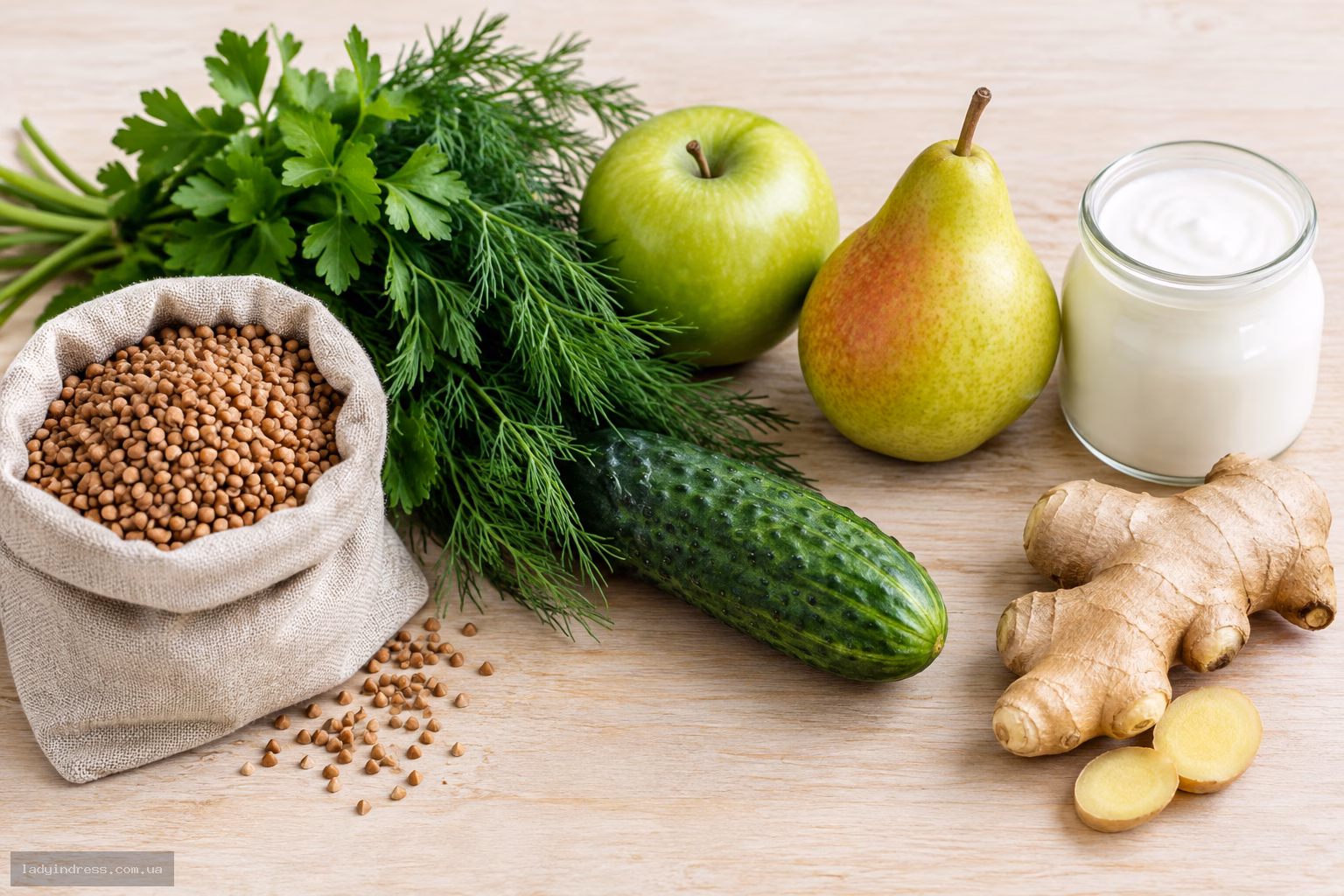 Дозволені продукти безшлакової дієти: гречка, зелень, огірок, яблуко, груша, йогурт і корінь імбиру