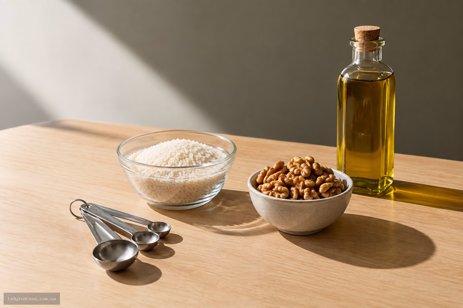 Натюрморт із продуктами на кухонному столі, що показує різну енергетичну щільність їжі