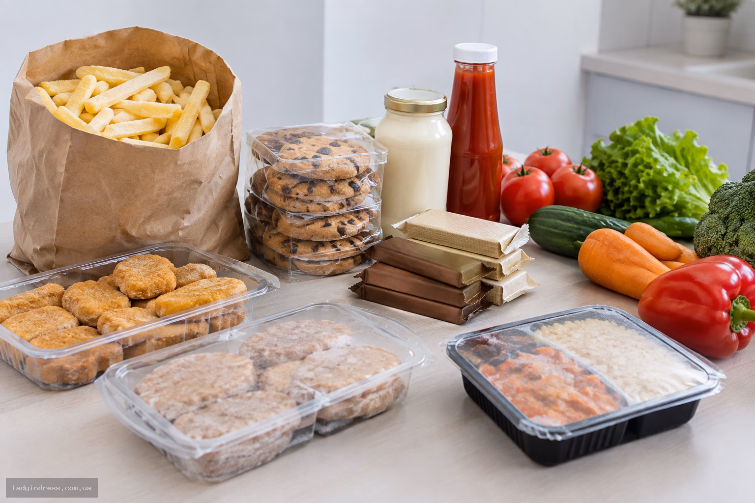 Продукти з високим вмістом трансжирів: заморожена картопля, печиво, соуси