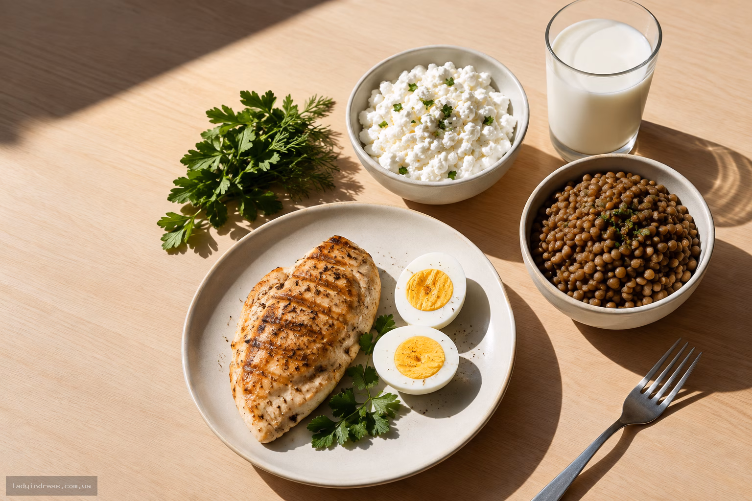 Тарілка з білковими продуктами: курка, яйця, сир, сочевиця і молоко на кухонному столі