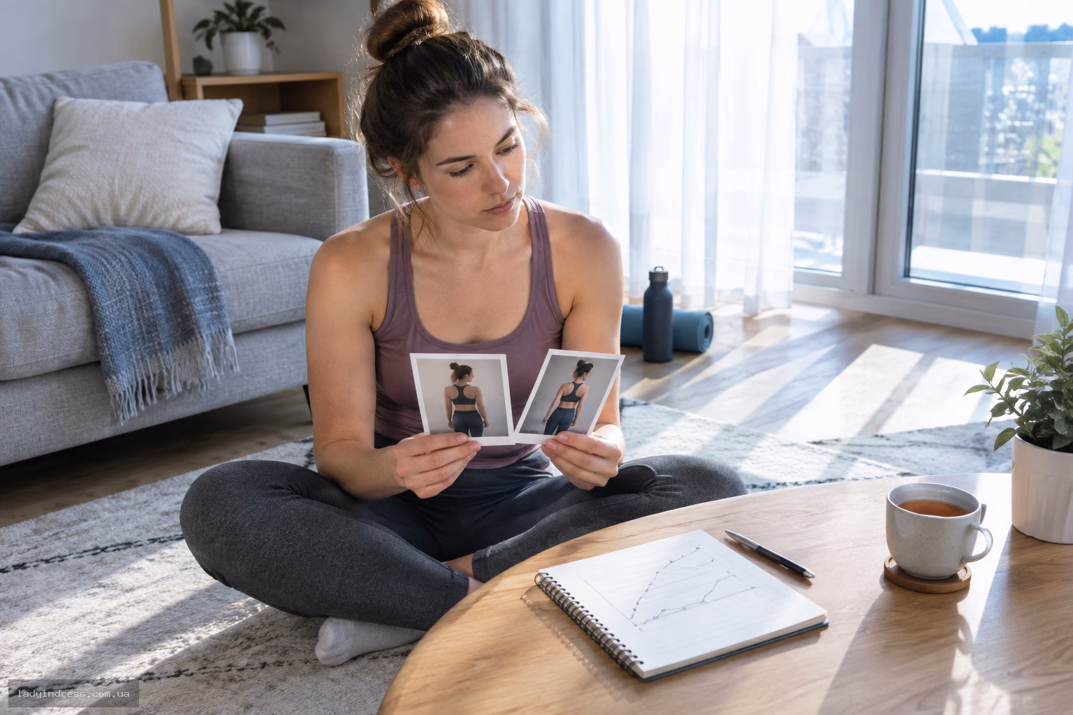 Жінка порівнює роздруковані контрольні фото за столом із блокнотом
