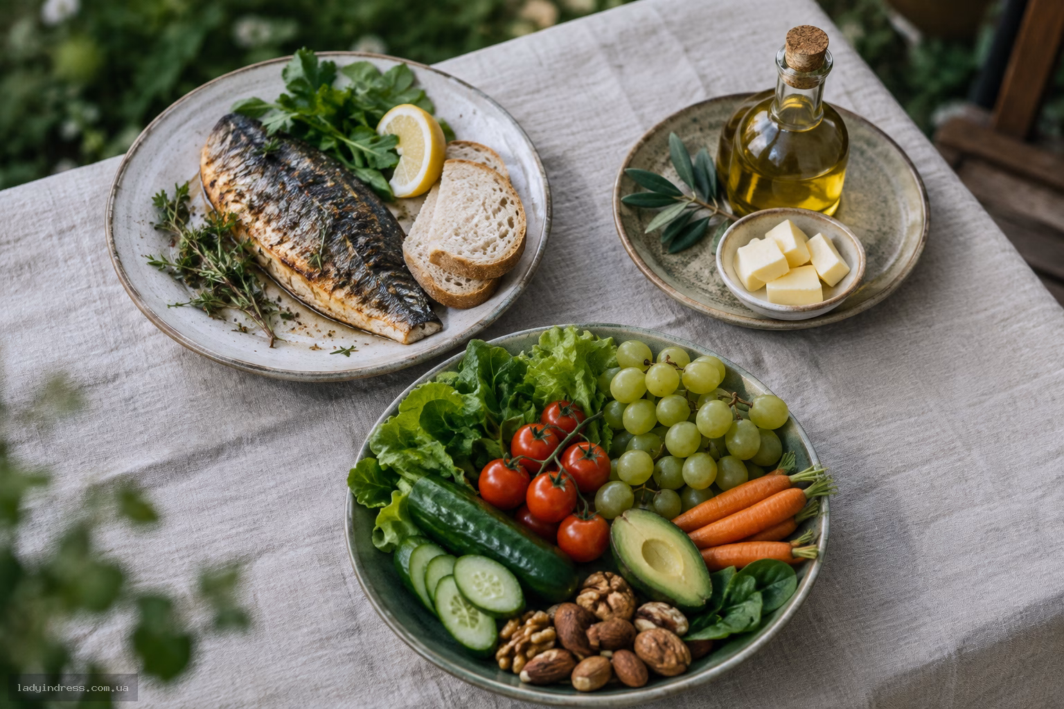Три тарілки з кислотоутворюючими, нейтральними та лужними продуктами