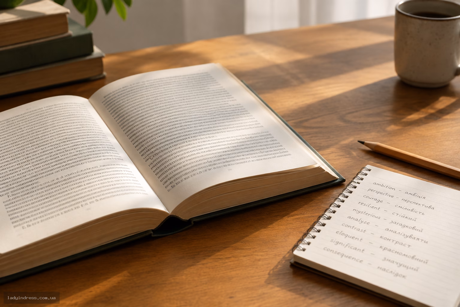 Відкрита книжка на дерев'яному столі поруч із блокнотом для нових слів