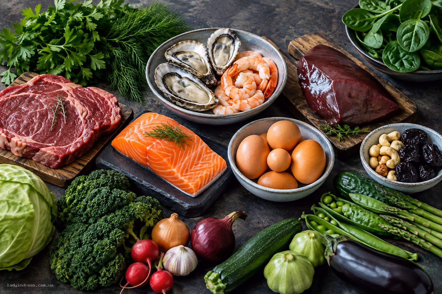 Дозволені продукти безвуглеводної дієти: м'ясо, риба, морепродукти, субпродукти, яйця, зелень і горіхи