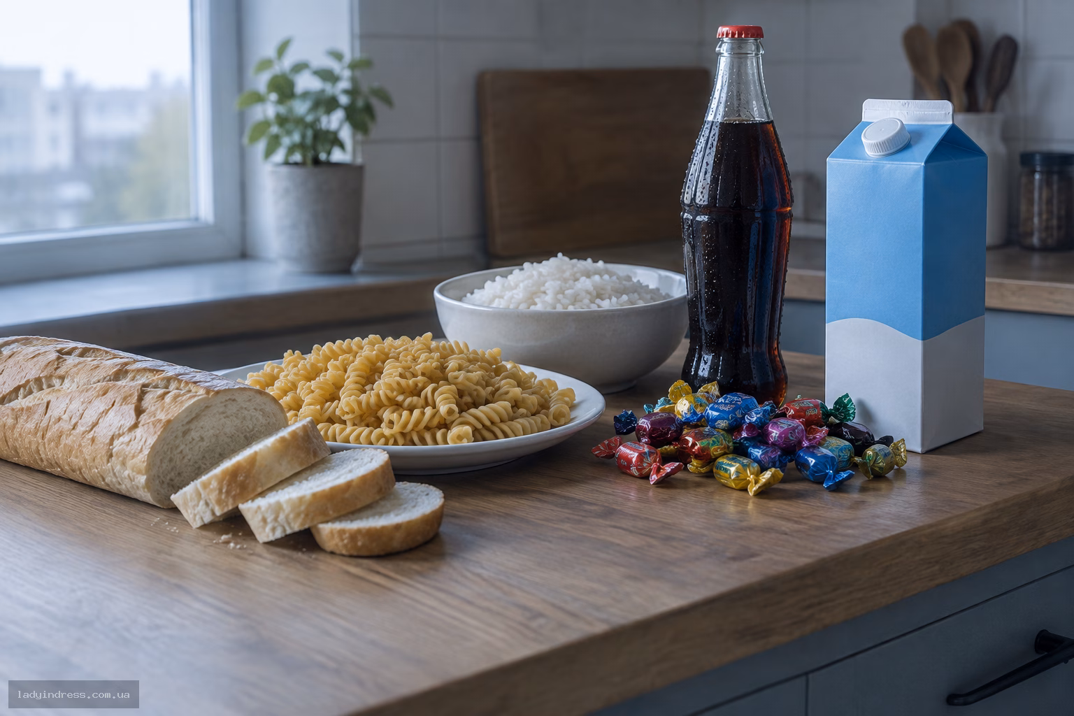 Заборонені продукти безвуглеводної дієти: хліб, макарони, рис, солодкі напої та цукерки на кухонній стільниці