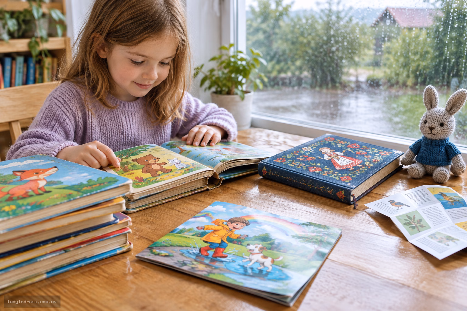Стіл із дитячими книжками, журналом і в'язаною іграшкою