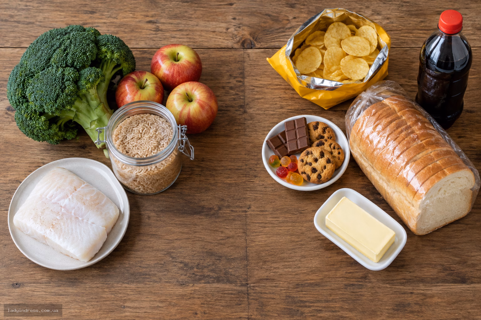 Корисні та шкідливі продукти на дерев'яному столі