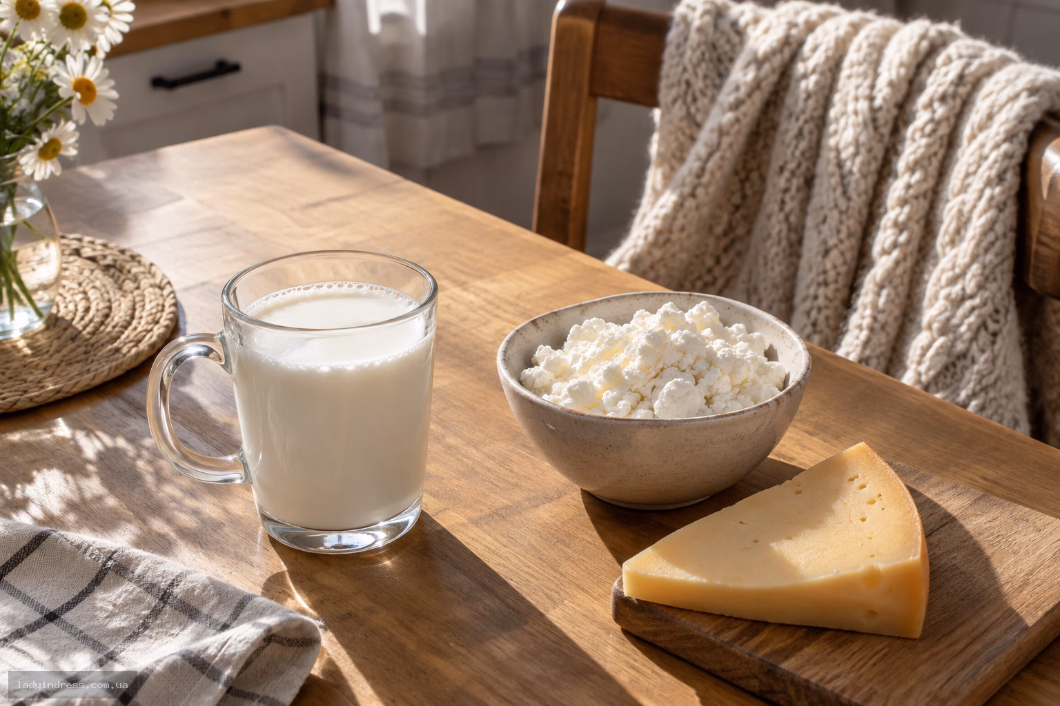 Склянка теплого молока та молочні продукти на столі ввечері
