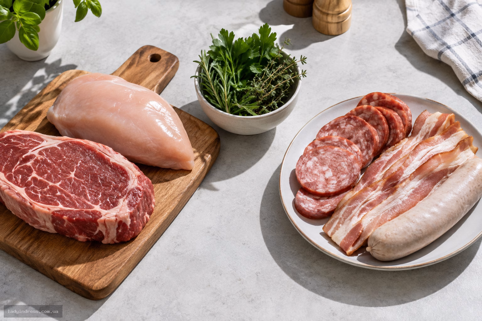 Свіже м'ясо та перероблені м'ясні продукти на кухонній поверхні для порівняння