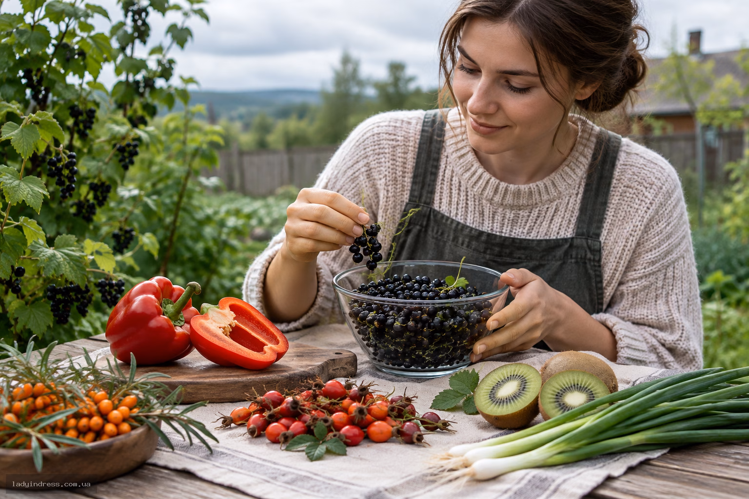 Свіжі продукти — джерела вітаміну C: чорна смородина, червоний солодкий перець, шипшина, ківі та зелена цибуля на дерев'яному столі