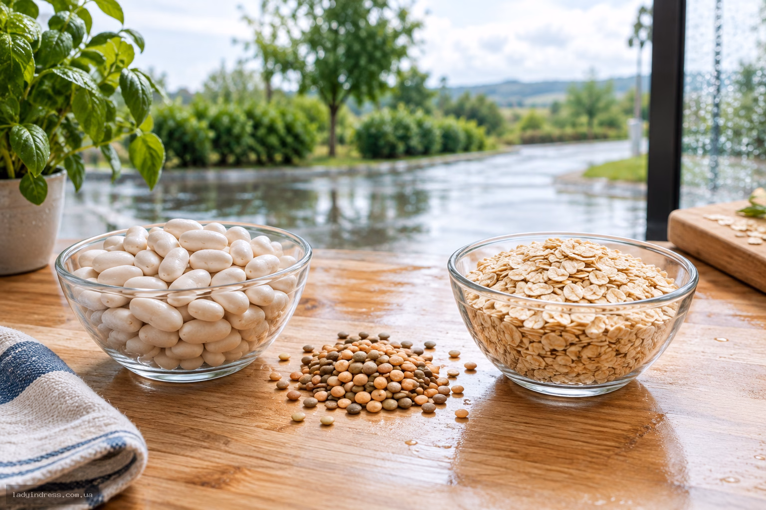 Бобові та вівсяні пластівці поруч — наочне порівняння продуктів, багатих на білки й вуглеводи