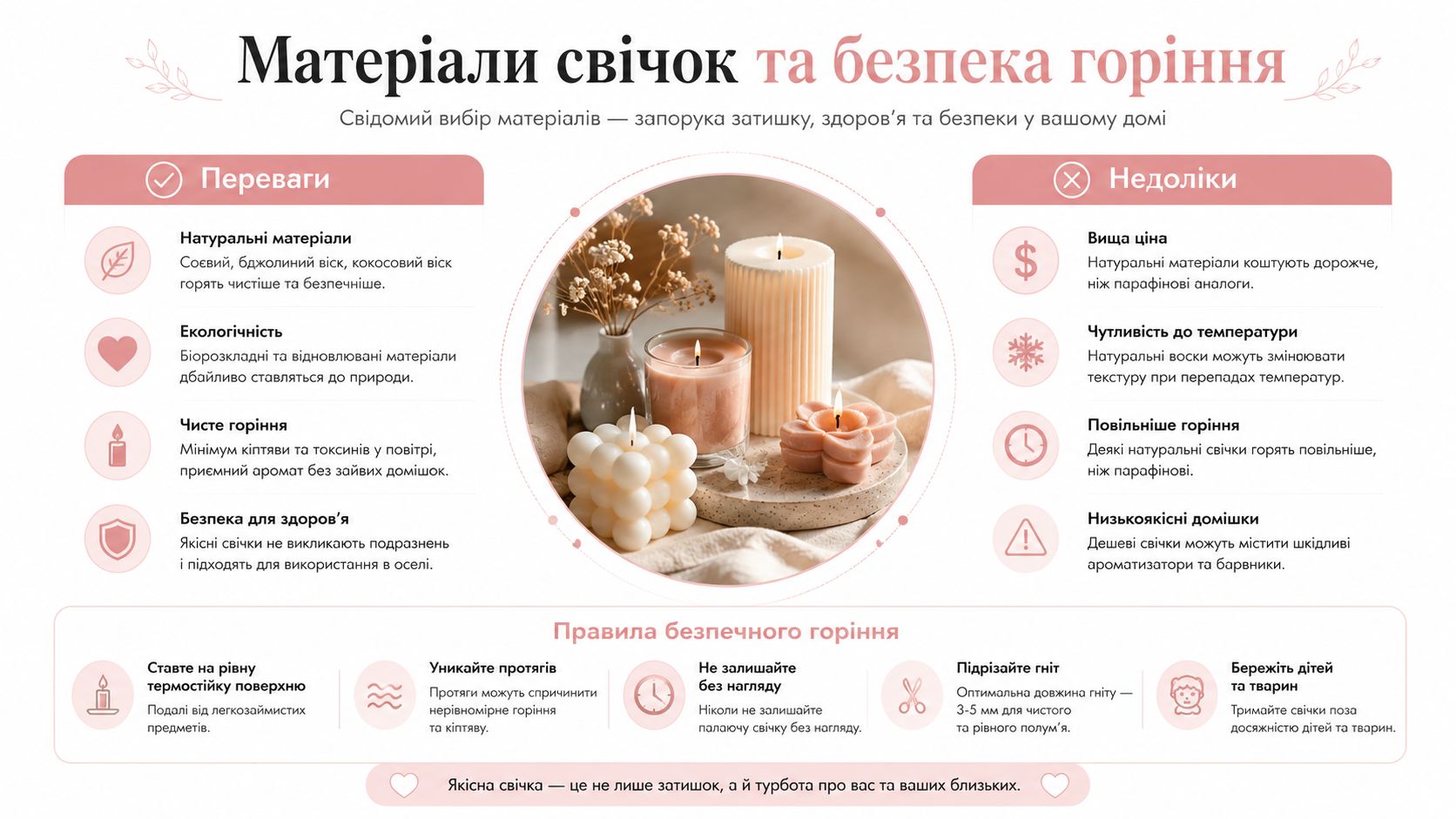Інфографіка про матеріали для свічок та правила їх безпечного використання в домашніх умовах для затишку і здоров'я.